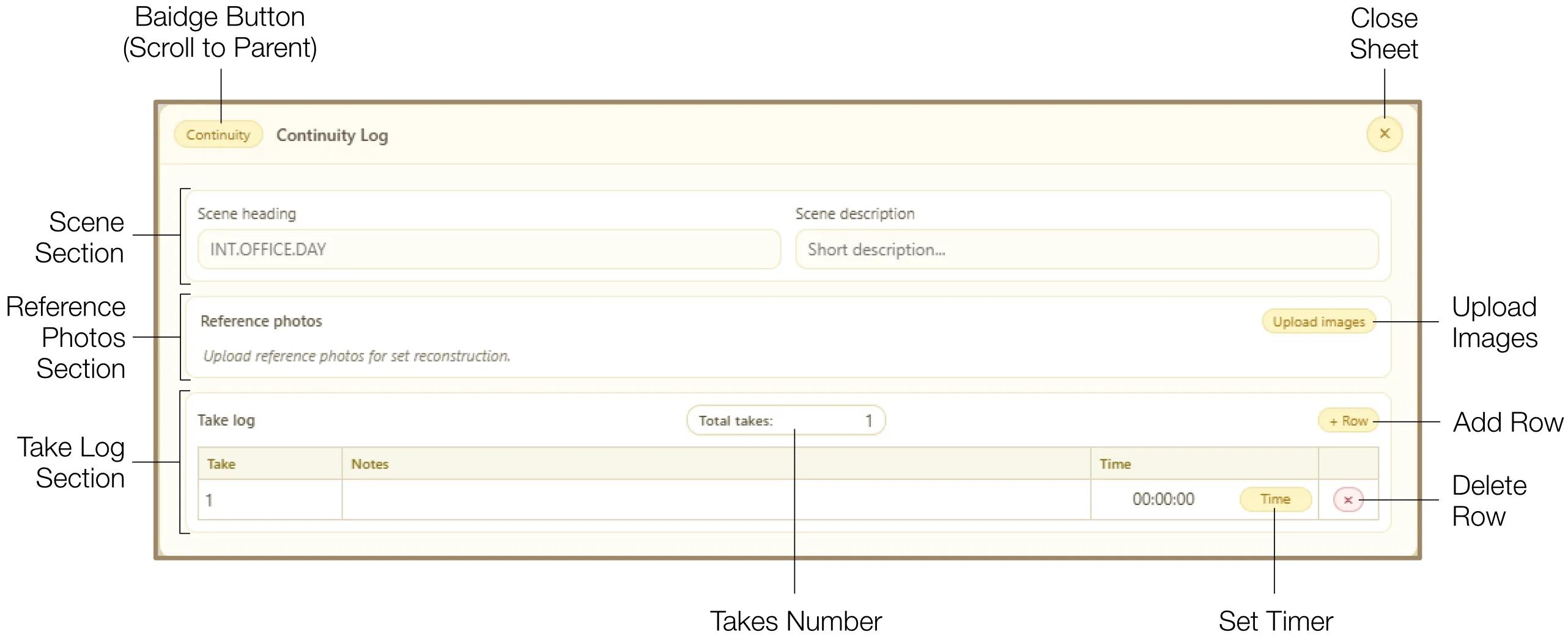 Continuity Log overview showing Scene Section, Reference Photos, and Take Log